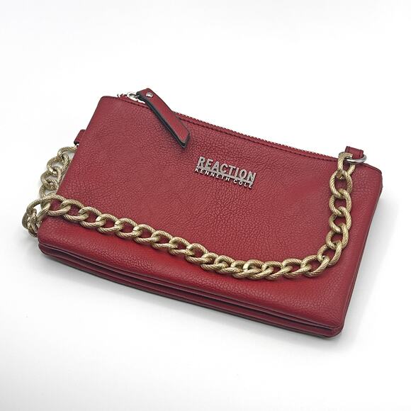 KENNETH COLE REACTION Pebbled Faux Leather Gold Chainlink Shoulder Bag (Red) - Picture 3 of 13